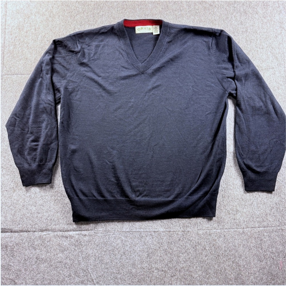 Orvis Mens XL Charcoal Navy Blue 100% Merino Wool V-Neck Sweater